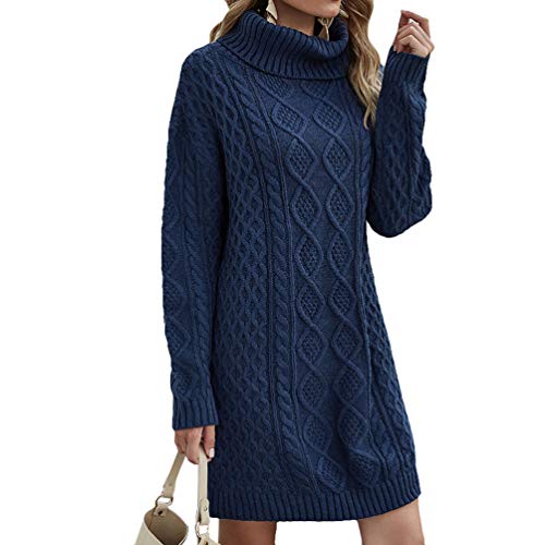 Mengyu Damen Strickkleid Elegante Lang Pulloverkleider Winterkleid mit Rollkragen Langarm Strickpullover für Herbst, Winter und Frühling (Marine, XL) von Mengyu