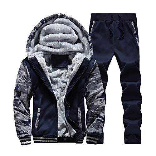 Mengyu Herren Winter Gefüttert Jogginganzug Trainingsanzug Sportanzug Sweatjacke + Jogginghose Dunkelblau XL von Mengyu