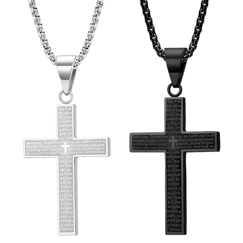 Menibeuty 2Stück 60cm Kreuz Halskette Ketten Für Herren, Kette Mit Kreuz, Vaterunser Bibel Verse Kette Männer-Schwarz und Silber(lichtecht & schweißfest) von Menibeuty