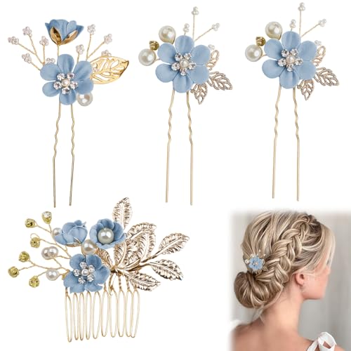 Menibeuty 4Stück Blau Rose Blume Haarschmuck Blumen, Haarspange Hochzeit für Frauen Mädchen, Ein Kamm und drei Haarnadeln Blumen Haarschmuck Kommunion Mädchen von Menibeuty