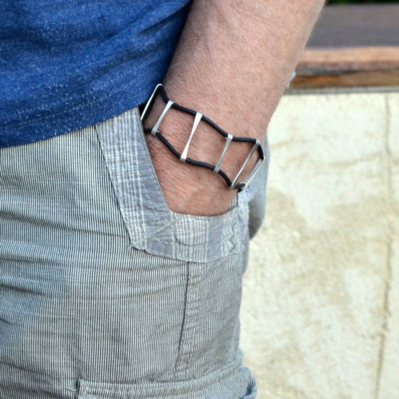 sterling Silber Leiter Armband Mit Schwarzem Leder von Menno