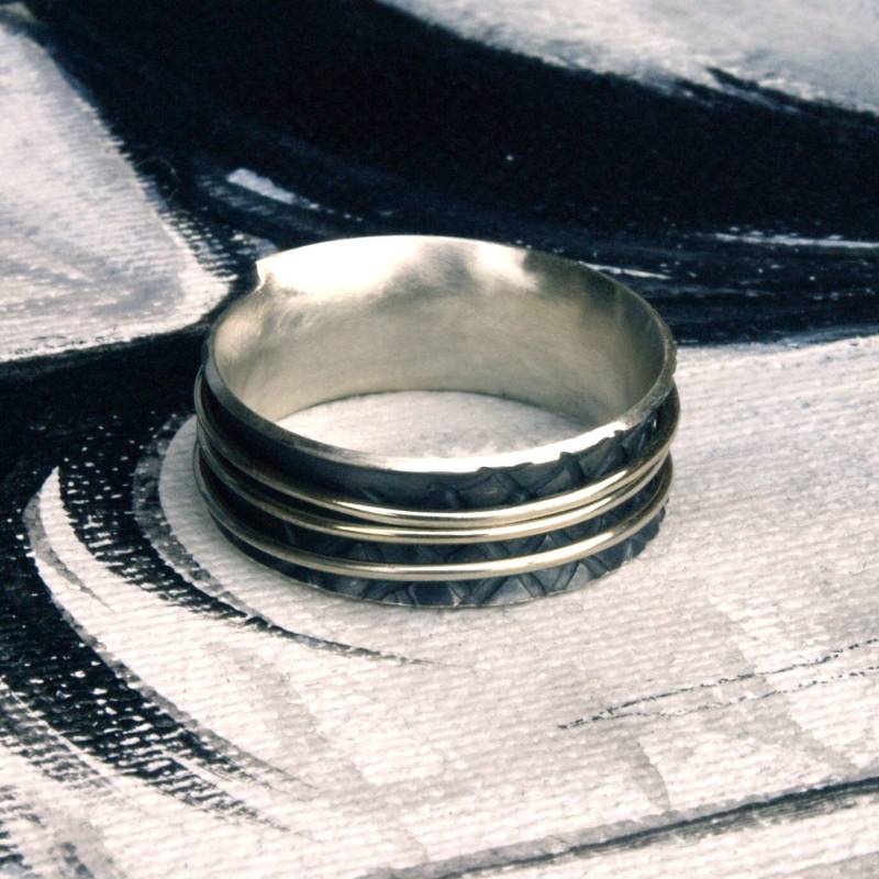 sterling Silber Spinner Ring Mit Drei 14K. Goldene Ringe von Menno
