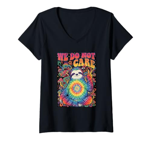 Damen WDNC Hippie Faultier Peace Funny Zen Menopause We Do Not Care T-Shirt mit V-Ausschnitt von Menopause Is Hot T-Shirts For Women