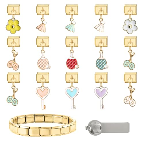 Italian Charm Bracelet, Italian Charms Armband Set mit Öffnungswerkzeug und Armband, Exquisit 9mm Abnehmbare Edelstahl Modul Armband für Damen Herren Kinder Jungen Mädchen von Menore