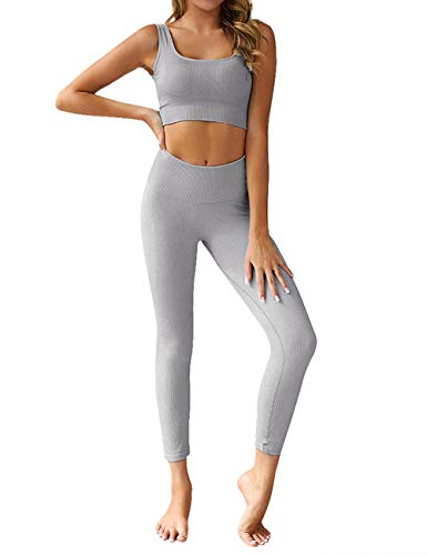 Menore Damen Sport Set Fitness Yoga Damen Hosen und Sport Crop Top 2 Stücke Sport Bekleidungssets Yoga Outfit Freizeitanzug Kompression Sporthose Trainingsanzug Sportanzug Gym Set,Hell Grau,L von Menore