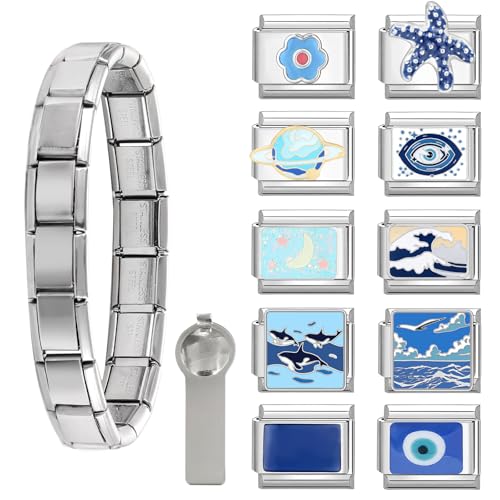Menore Italian Charm Bracelet, 12PCS Italian Charms Armband Set mit Öffnungswerkzeug und Armband, DIY Abnehmbar 9mm Edelstahl Module für Italienische Armbänder, Geschenk für Frauen Mädchen von Menore
