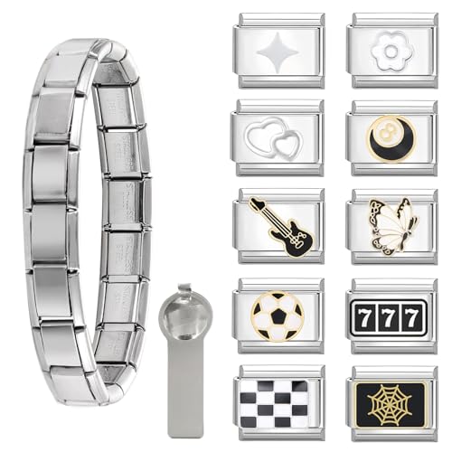 Menore Italian Charm Bracelet, 12PCS Italian Charms Armband Set mit Öffnungswerkzeug und Armband, DIY Abnehmbar 9mm Edelstahl Module für Italienische Armbänder, Geschenk für Frauen Mädchen von Menore