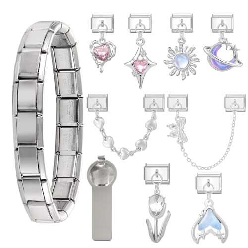 Menore Italian Charm Bracelet, 12PCS Italian Charms Armband Set mit Öffnungswerkzeug und Armband, DIY Abnehmbar 9mm Edelstahl Module für Italienische Armbänder, Geschenk für Frauen Mädchen von Menore
