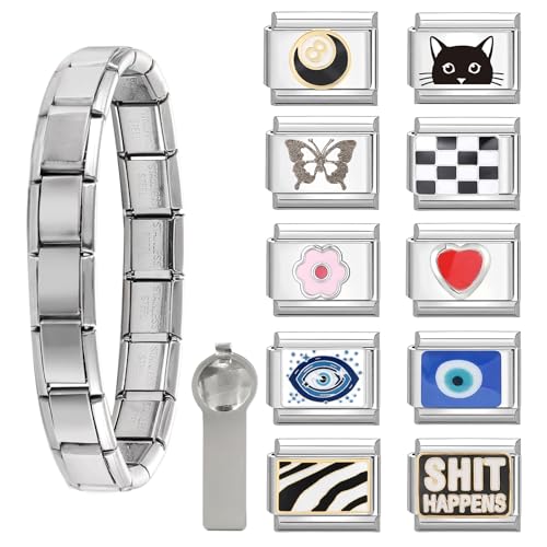 Menore Italian Charm Bracelet, 12PCS Italian Charms Armband Set mit Öffnungswerkzeug und Armband, DIY Abnehmbar 9mm Edelstahl Module für Italienische Armbänder, Geschenk für Frauen Mädchen von Menore