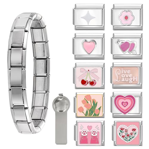 Menore Italian Charm Bracelet, 12PCS Italian Charms Armband Set mit Öffnungswerkzeug und Armband, DIY Abnehmbar 9mm Edelstahl Module für Italienische Armbänder, Geschenk für Frauen Mädchen von Menore
