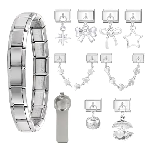 Menore Italian Charm Bracelet, 12PCS Italian Charms Armband Set mit Öffnungswerkzeug und Armband, DIY Abnehmbar 9mm Edelstahl Module für Italienische Armbänder, Geschenk für Frauen Mädchen von Menore