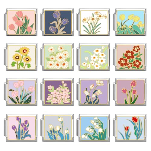 Menore Italian Charm Bracelet, Exquisite Blume 9mm Italian Charms Silber, DIY Abnehmbar Edelstahl Module für Italienische Armbänder, Armband Zubehör, Italian Style Charms für Damen von Menore