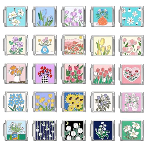 Menore Italian Charm Bracelet, Exquisite Blume 9mm Italian Charms Silber, DIY Abnehmbar Edelstahl Module für Italienische Armbänder, Armband Zubehör, Italian Style Charms für Damen von Menore