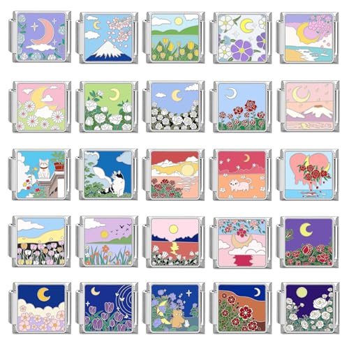 Menore Italian Charm Bracelet, Exquisiter Ölgemäldestil 9mm Italian Charms Silber, DIY Abnehmbar Edelstahl Module für Italienische Armbänder, Armband Zubehör, Italian Style Charms für Damen von Menore