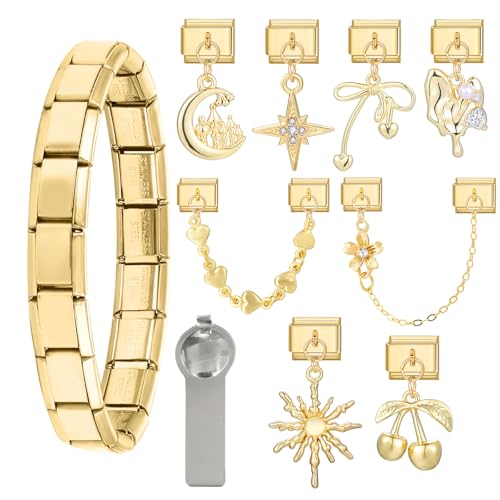 Menore Italian Charm Bracelet Gold, 12PCS Italian Charms Armband Set mit Öffnungswerkzeug und Armband, DIY Abnehmbar 9mm Edelstahl Module für Italienische Armbänder, Geschenk für Frauen Mädchen von Menore