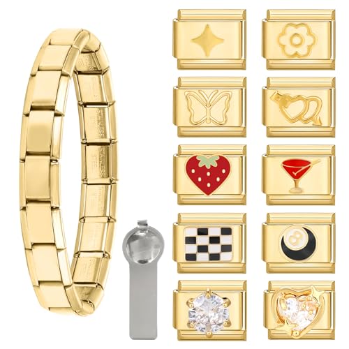 Menore Italian Charm Bracelet Gold, 12PCS Italian Charms Armband Set mit Öffnungswerkzeug und Armband, DIY Abnehmbar 9mm Edelstahl Module für Italienische Armbänder, Geschenk für Frauen Mädchen von Menore