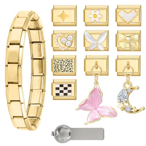 Menore Italian Charm Bracelet Gold, 12PCS Italian Charms Armband Set mit Öffnungswerkzeug und Armband, DIY Abnehmbar 9mm Edelstahl Module für Italienische Armbänder, Geschenk für Frauen Mädchen von Menore