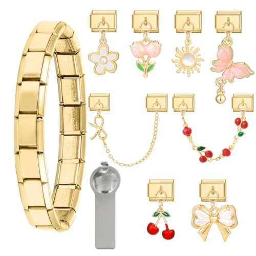 Menore Italian Charm Bracelet Gold, 12PCS Italian Charms Armband Set mit Öffnungswerkzeug und Armband, DIY Abnehmbar 9mm Edelstahl Module für Italienische Armbänder, Geschenk für Frauen Mädchen von Menore