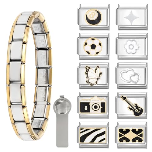 Menore Italian Charm Bracelet Gold&Silber, 12PCS Italian Charms Armband Set mit Öffnungswerkzeug und Armband, DIY Abnehmbar 9mm Edelstahl Module für Italienische Armbänder, Geschenk für Frauen Mädchen von Menore