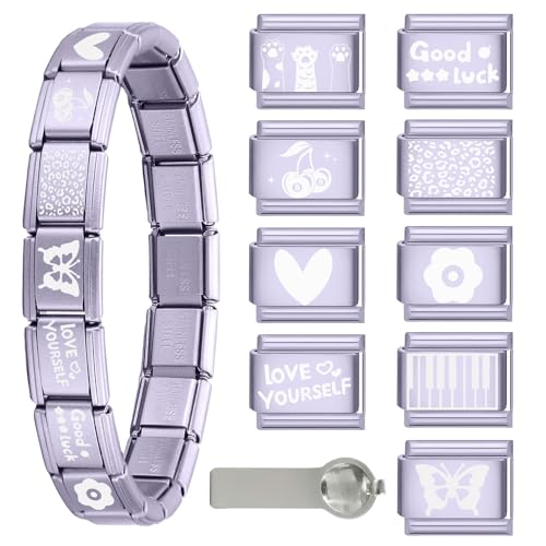 Menore Italian Charm Bracelet Lila, 11PCS Italian Charms Armband Set mit Öffnungswerkzeug und Armband, DIY Abnehmbar 9mm Edelstahl Module für Italienische Armbänder, Geschenk für Frauen Mädchen von Menore