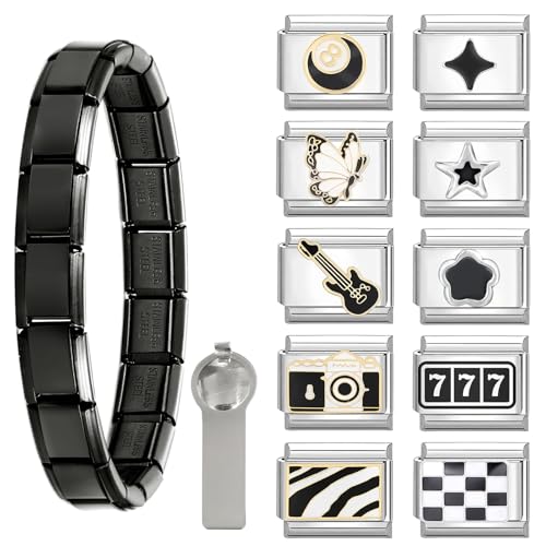 Menore Italian Charm Bracelet Schwarz, 12PCS Italian Charms Armband Set mit Öffnungswerkzeug und Armband, DIY Abnehmbar 9mm Edelstahl Module für Italienische Armbänder, Geschenk für Frauen Mädchen von Menore