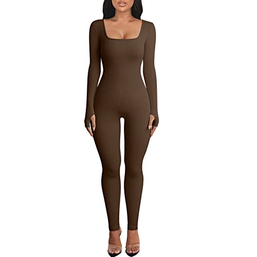 Menore Women's Yoga Jumpsuits Workout Ribbed Long Sleeve Soft Sports jumpsuits Square Neck Figure-Hugging One-Piece von Menore