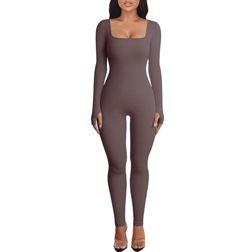 Menore Women's Yoga Jumpsuits Workout Ribbed Long Sleeve Soft Sports jumpsuits Square Neck Figure-Hugging One-Piece von Menore