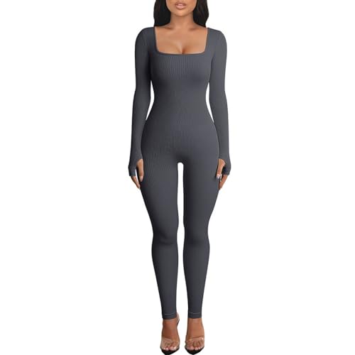 Menore Women's Yoga Jumpsuits Workout Ribbed Long Sleeve Soft Sports jumpsuits Square Neck Figure-Hugging One-Piece von Menore