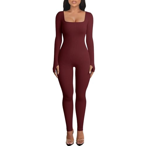 Menore Women's Yoga Jumpsuits Workout Ribbed Long Sleeve Soft Sports jumpsuits Square Neck Figure-Hugging One-Piece von Menore