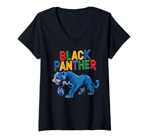 Damen Black Panther Bausteine Ziegelbauer Black Panther T-Shirt mit V-Ausschnitt Damen Black Panther Bausteine Ziegelbauer Black Panther T-Shirt mit V-Ausschnitt von Mens Black Panther Costume Adult Clothing