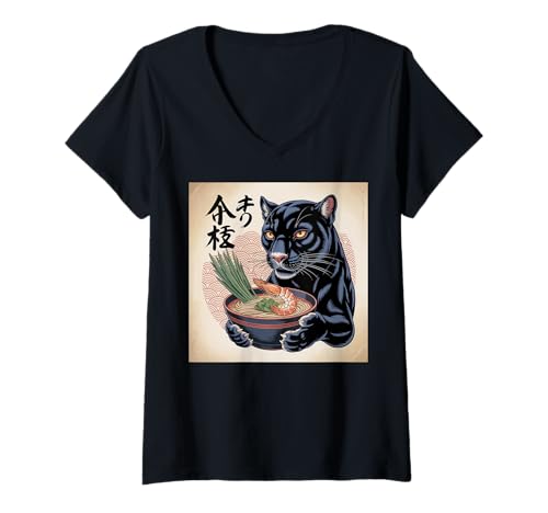 Damen Black Panther Ramen Japanischer Kawaii Anime Black Panther T-Shirt mit V-Ausschnitt von Mens Black Panther Costume Adult Clothing
