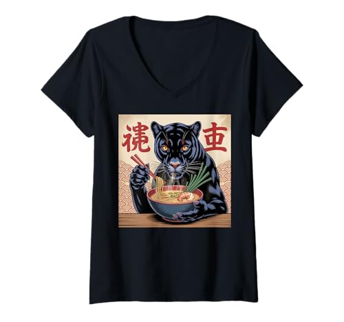 Damen Black Panther Ramen Japanischer Kawaii Anime Black Panther T-Shirt mit V-Ausschnitt Damen Black Panther Ramen Japanischer Kawaii Anime Black Panther T-Shirt mit V-Ausschnitt von Mens Black Panther Costume Adult Clothing
