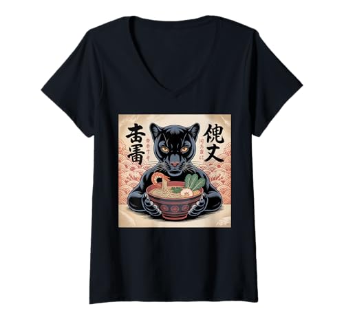 Damen Black Panther Ramen Japanischer Kawaii Anime Black Panther T-Shirt mit V-Ausschnitt von Mens Black Panther Costume Adult Clothing
