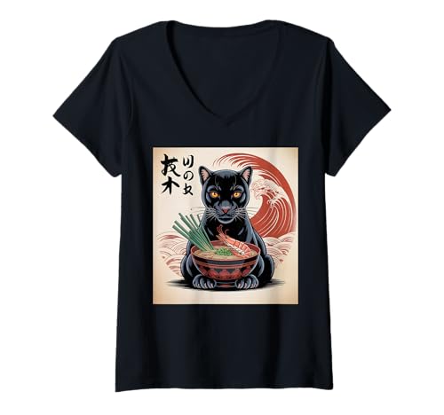 Damen Black Panther Ramen Japanischer Kawaii Anime Black Panther T-Shirt mit V-Ausschnitt Damen Black Panther Ramen Japanischer Kawaii Anime Black Panther T-Shirt mit V-Ausschnitt von Mens Black Panther Costume Adult Clothing