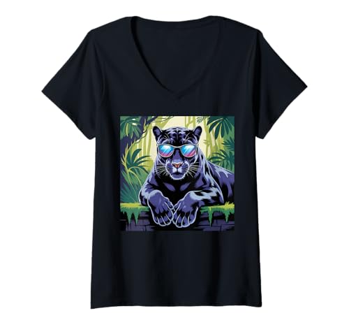 Damen Black Panther Sonnenbrille Mädchen Jungen Vintage Black Panther Party T-Shirt mit V-Ausschnitt Damen Black Panther Sonnenbrille Mädchen Jungen Vintage Black Panther Party T-Shirt mit V-Ausschnitt von Mens Black Panther Costume Adult Clothing