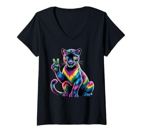 Damen Black Panther Tie Dye Frosch Peace Zeichen Hippie Black Panther T-Shirt mit V-Ausschnitt Damen Black Panther Tie Dye Frosch Peace Zeichen Hippie Black Panther T-Shirt mit V-Ausschnitt von Mens Black Panther Costume Adult Clothing