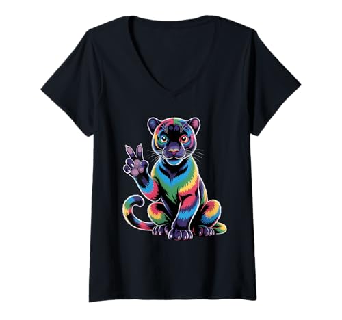 Damen Black Panther Tie Dye Frosch Peace Zeichen Hippie Black Panther T-Shirt mit V-Ausschnitt Damen Black Panther Tie Dye Frosch Peace Zeichen Hippie Black Panther T-Shirt mit V-Ausschnitt von Mens Black Panther Costume Adult Clothing