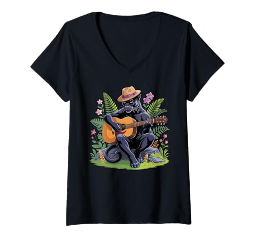 Damen Cottagecore Aesthetic Mushroom Black Panther spielt Banjo T-Shirt mit V-Ausschnitt Damen Cottagecore Aesthetic Mushroom Black Panther spielt Banjo T-Shirt mit V-Ausschnitt von Mens Black Panther Costume Adult Clothing