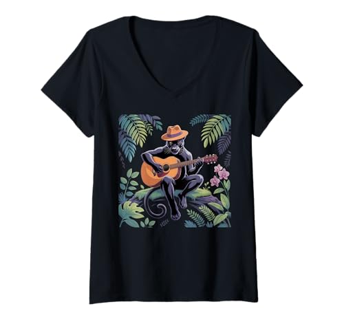 Damen Cottagecore Aesthetic Mushroom Black Panther spielt Banjo T-Shirt mit V-Ausschnitt Damen Cottagecore Aesthetic Mushroom Black Panther spielt Banjo T-Shirt mit V-Ausschnitt von Mens Black Panther Costume Adult Clothing