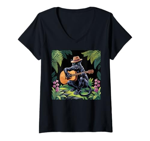 Damen Cottagecore Aesthetic Mushroom Black Panther spielt Banjo T-Shirt mit V-Ausschnitt von Mens Black Panther Costume Adult Clothing