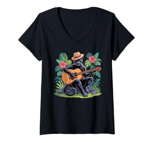 Damen Cottagecore Aesthetic Mushroom Black Panther spielt Banjo T-Shirt mit V-Ausschnitt von Mens Black Panther Costume Adult Clothing