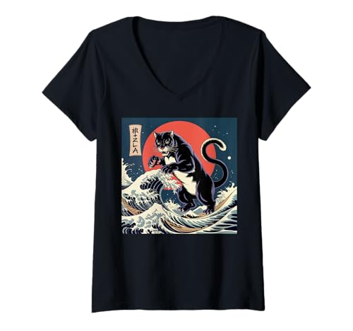 Damen Kinder Black Panther Japanische Kunst Vintage Black Panther Party T-Shirt mit V-Ausschnitt Damen Kinder Black Panther Japanische Kunst Vintage Black Panther Party T-Shirt mit V-Ausschnitt von Mens Black Panther Costume Adult Clothing