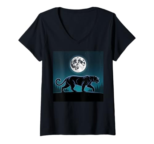 Damen Kinder Black Panther Vollmond Bäume Sasquatch Black Panther T-Shirt mit V-Ausschnitt Damen Kinder Black Panther Vollmond Bäume Sasquatch Black Panther T-Shirt mit V-Ausschnitt von Mens Black Panther Costume Adult Clothing