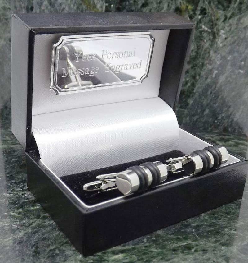 Cylindar Manschettenknöpfe Personalisierte Silberfarbene Schwarz Hochzeit Herren Geschenk Geburtstag Jahrestag von MensGiftsOnline