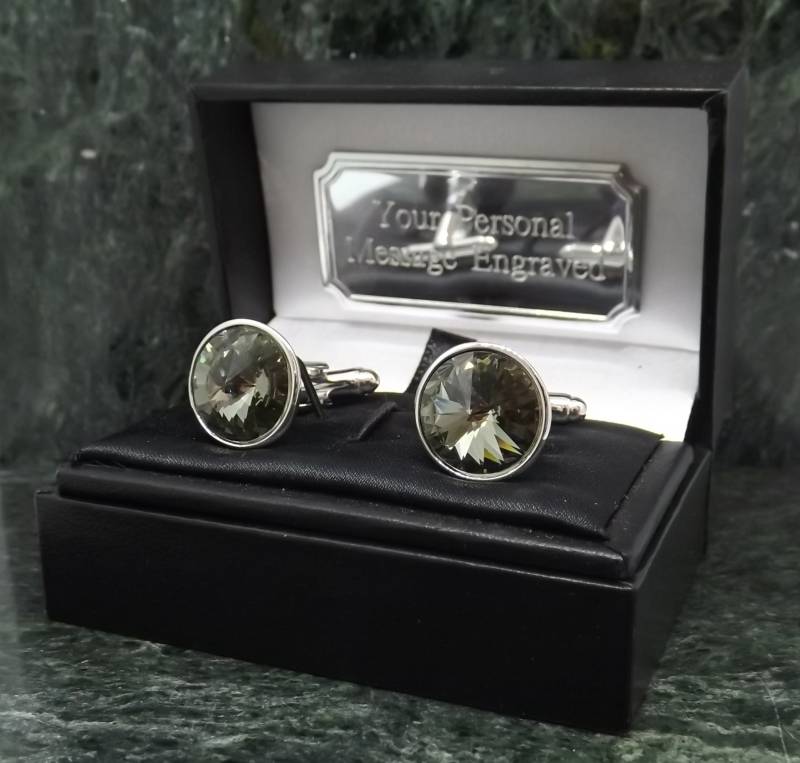 Swarovski Manschettenknöpfe Personalisierte Kristall Edelstein Grau Herren Geschenk Geburtstag Jahrestag von MensGiftsOnline