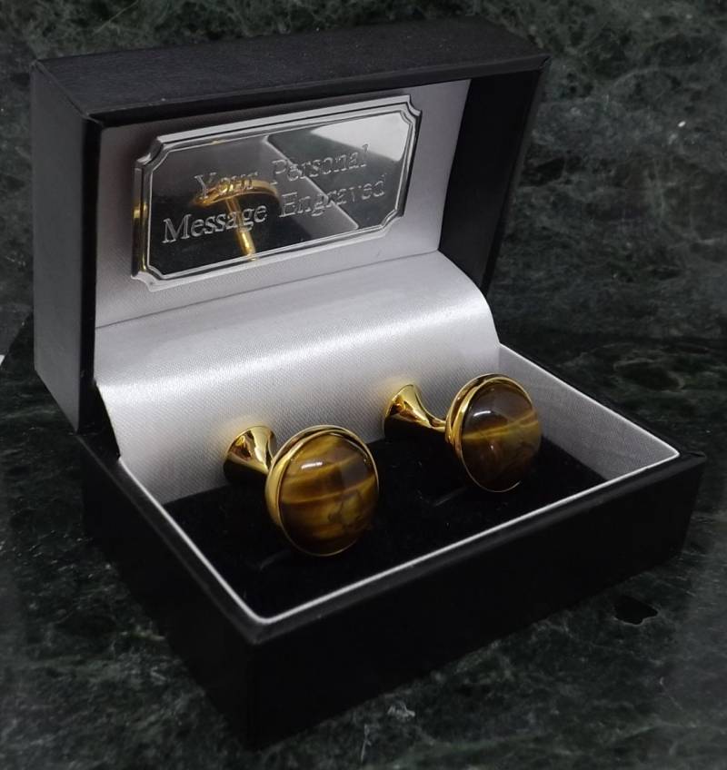 Tigerauge Manschettenknöpfe Personalisierte Cabochon Edelstein Gold Platte Herren Geschenk Geburtstag Manschettenknopf Jahrestag von MensGiftsOnline