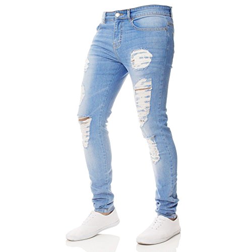 Mensera Herren Destroyed Jeans Slim Fit Jeanshose Stretch Chino Skinny Denim Hose für Männer Hellblau von Mensera