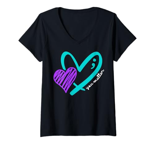 Damen You Matter Herz-Semikolon für psychische Gesundheit, Blaugrün und Violett T-Shirt mit V-Ausschnitt Damen You Matter Herz-Semikolon für psychische Gesundheit, Blaugrün und Violett T-Shirt mit V-Ausschnitt von Mental Health Awareness Support Squad