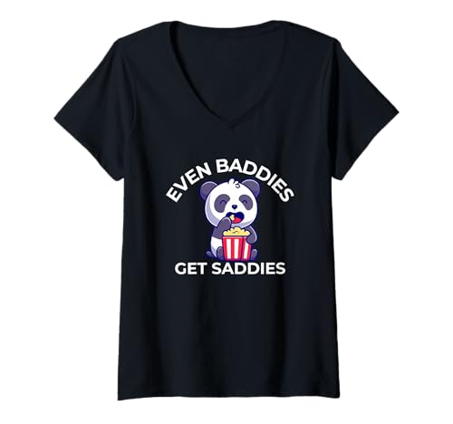 Damen Sogar Bösewichte kriegen Saddies Panda, der Popcorn isst T-Shirt mit V-Ausschnitt von Mental Health Awareness