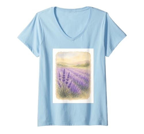 Damen Lavendel Aquarell Feld – Boho Vintage Natur Design T-Shirt mit V-Ausschnitt Damen Lavendel Aquarell Feld – Boho Vintage Natur Design T-Shirt mit V-Ausschnitt von Mental Hug Designs